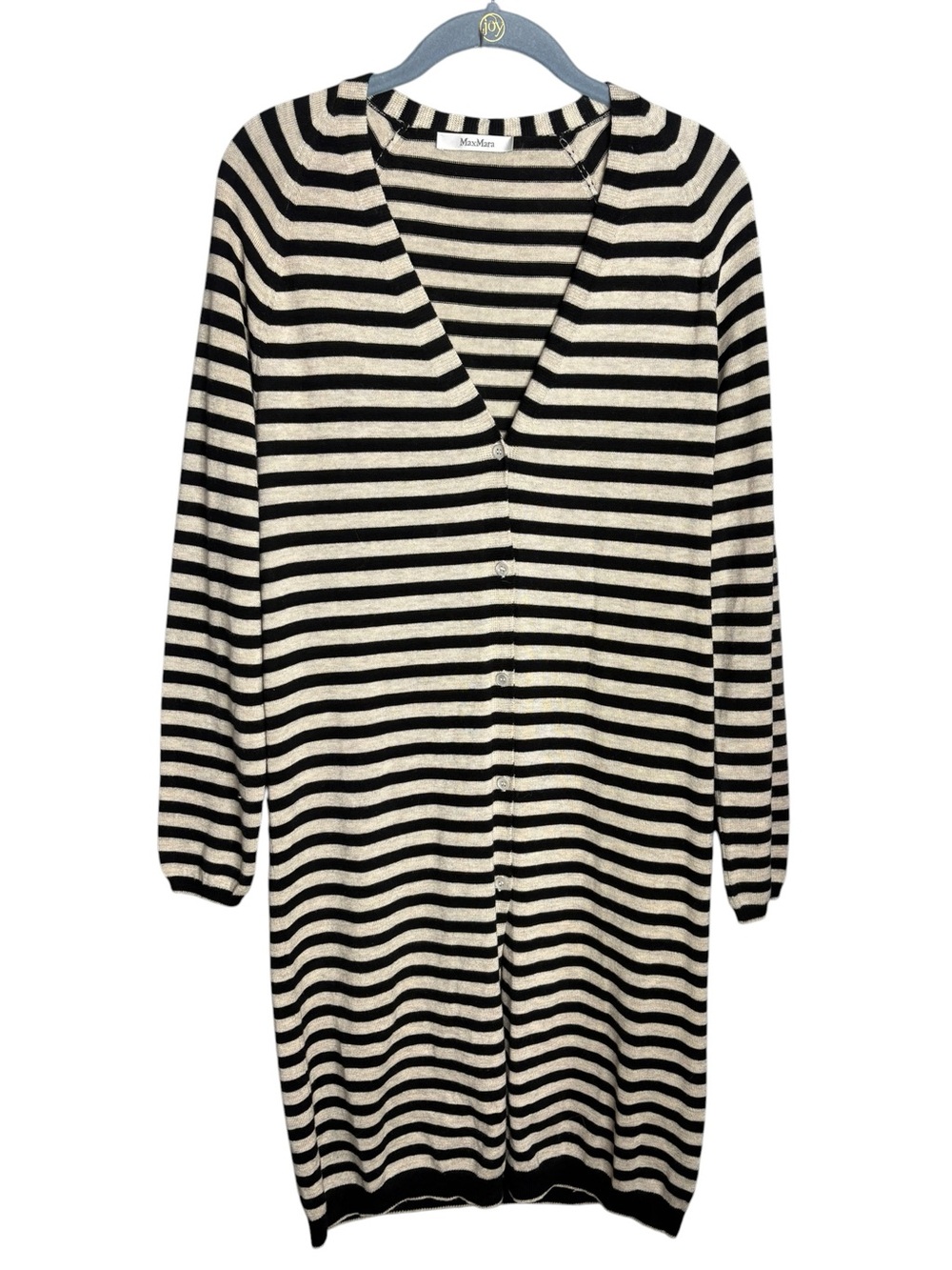 MaxMara long cardigan sweater Black Cream Striped V-Neck Button Front wool silk